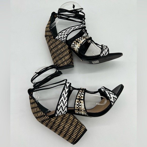 Schutz Woven Raffia Block Heel Lace-Up Strappy Sandals Black/White Sz 7 - Picture 8 of 16
